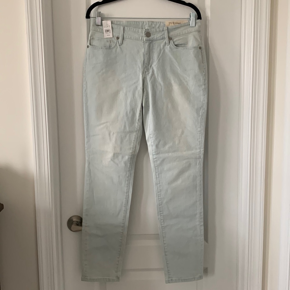 NWT LOFT Light Blue/White Pinstripe Cotton/Spandex Curvy Skinny Pants Size 8